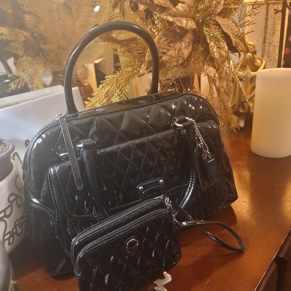 Authentic Black patent leather Coach purse satchel  and matching wristlet
